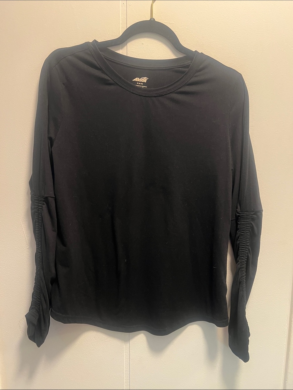 Avia Black Long-Sleeve Crewneck Top with Ruched Sleeves
